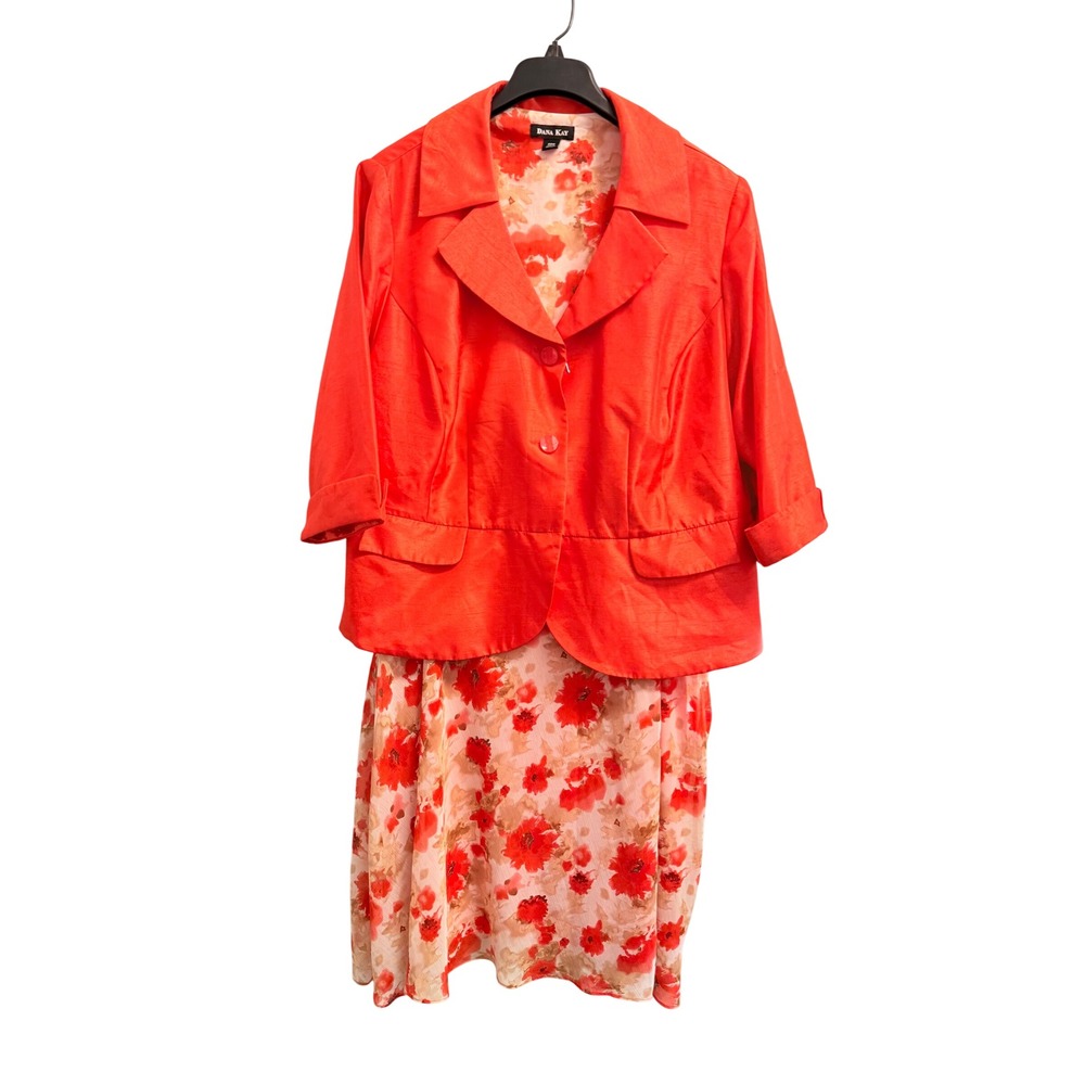 Dana Kay Orange Skirt Suit Set Floral Midi Skirt Blazer 2 Piece 20W